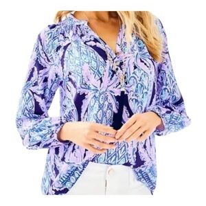 Lilly Pulitzer Elsa 100% Silk Top Tropical Blue Vacation Resort Long Sleeves XXS